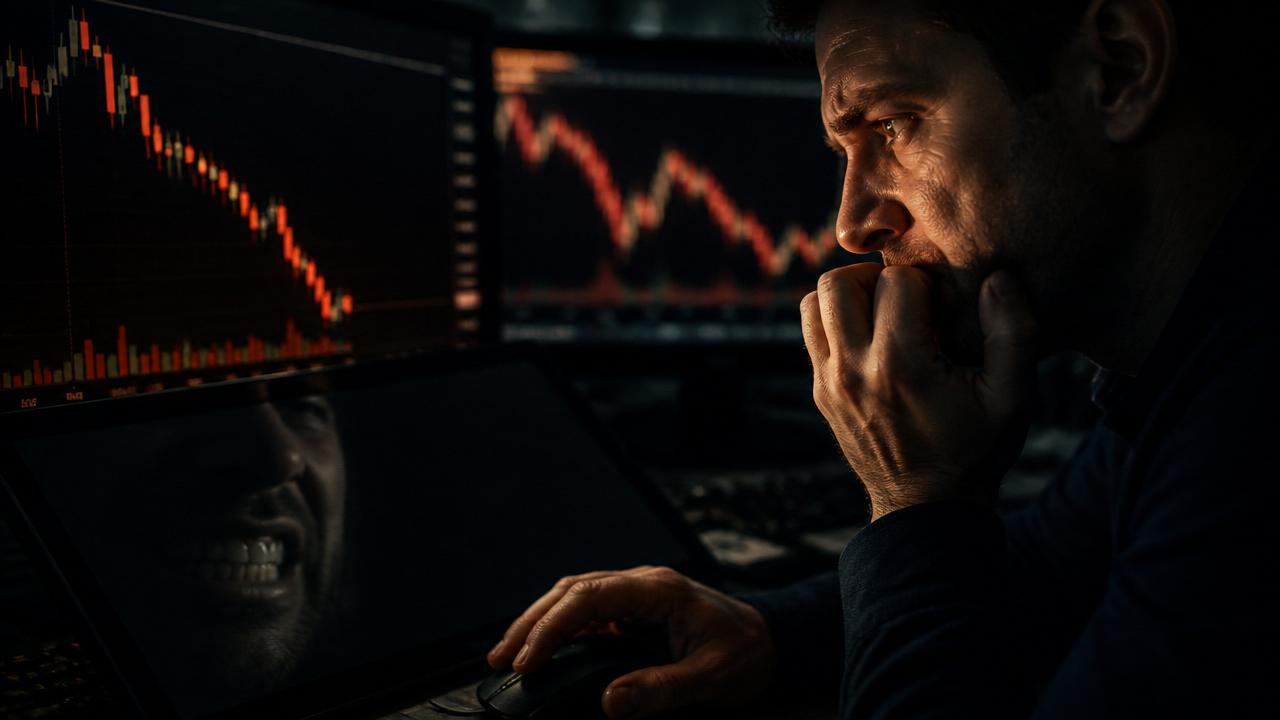Trader em ambiente escuro observando gráficos de mercado em queda, representando tensão, medo e a pressão emocional das decisões operacionais